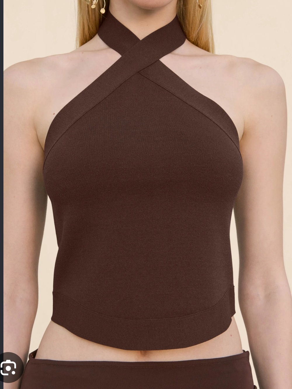 cult gaia Brown Ribbed Top with Gold Logo Plaque